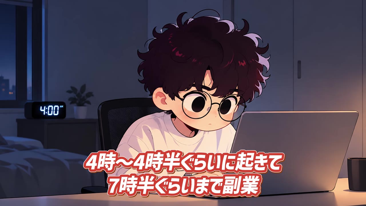 4時〜4時半ぐらいに起きて7時半ぐらいまで副業