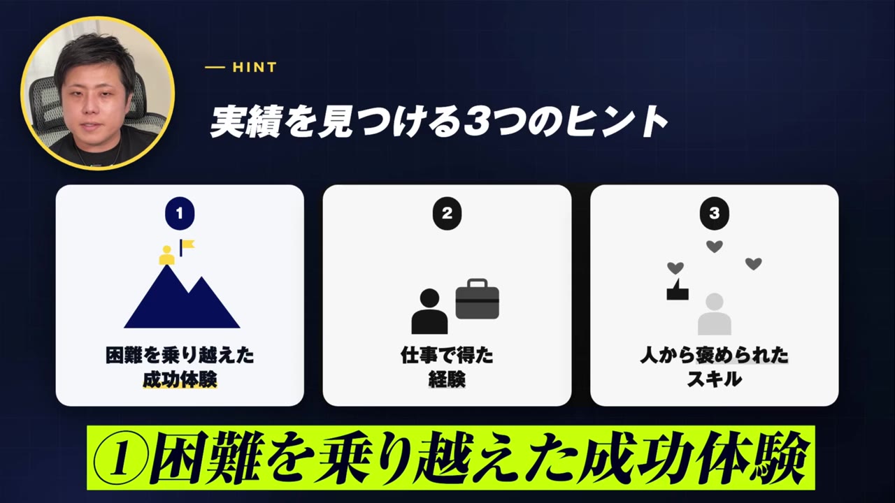 実績を見つける3つのヒント:困難を乗り越えた成功体験/仕事で得た経験/人から褒められたスキル