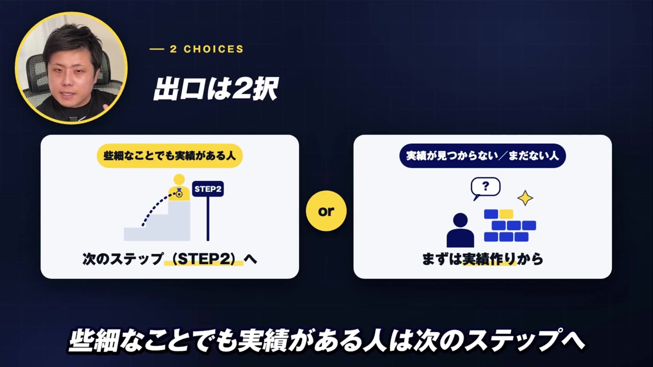 出口は2択:些細なことでも実績がある人は次のステップへ/実績が見つからない人はまず実績作りから